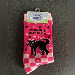 Pink 'Anxious But Cute' Cat Crew Socks
